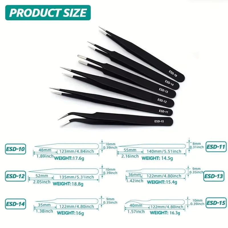 6 Piece Precision Tweezers Set-Anti ESD Stainless Steel